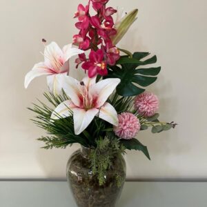 Lírio com Orquídea rosa, Alium e Costela de Adão