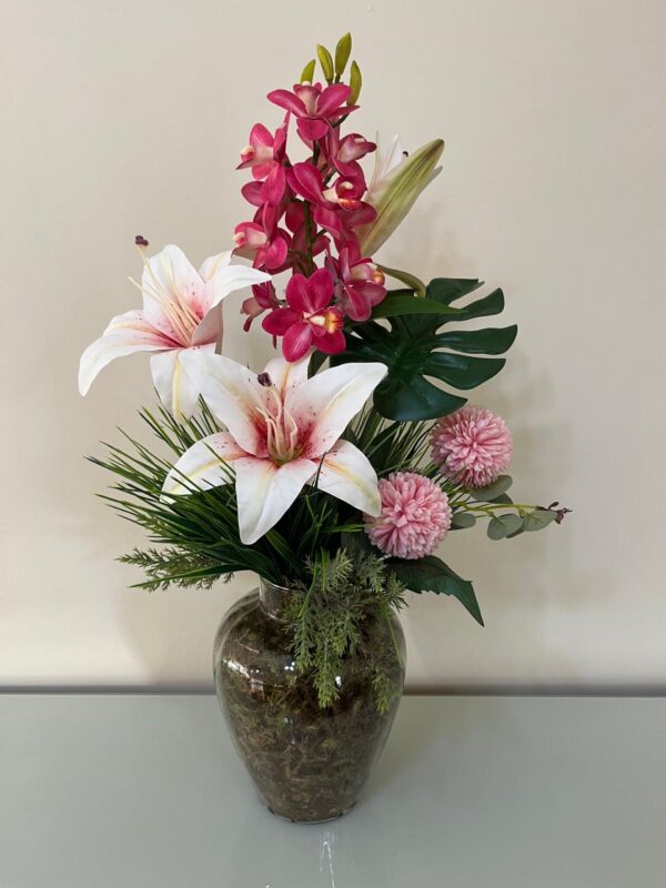 Lírio com Orquídea rosa, Alium e Costela de Adão